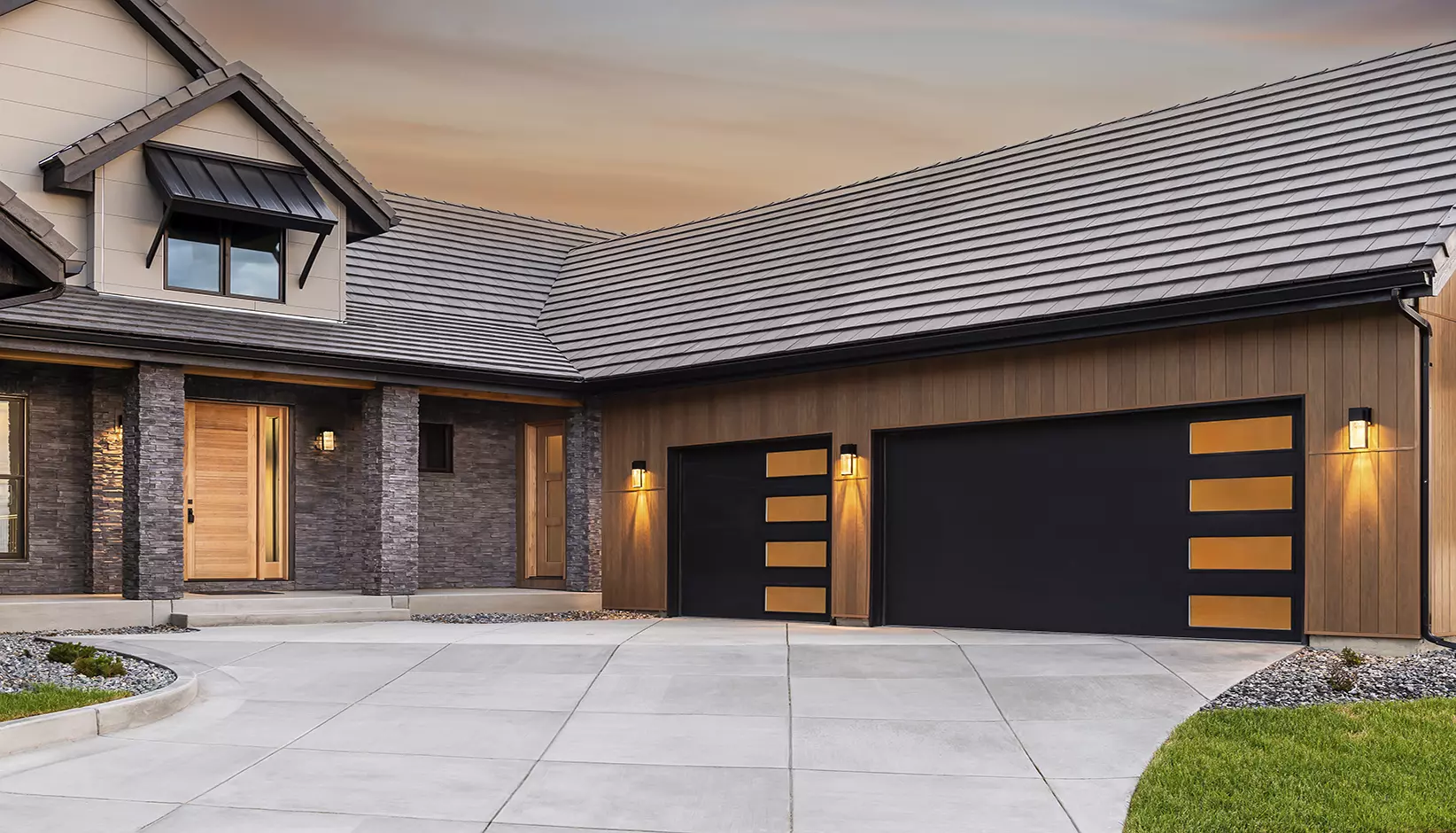 Insulated modern steel garage door on a suburban Washington home